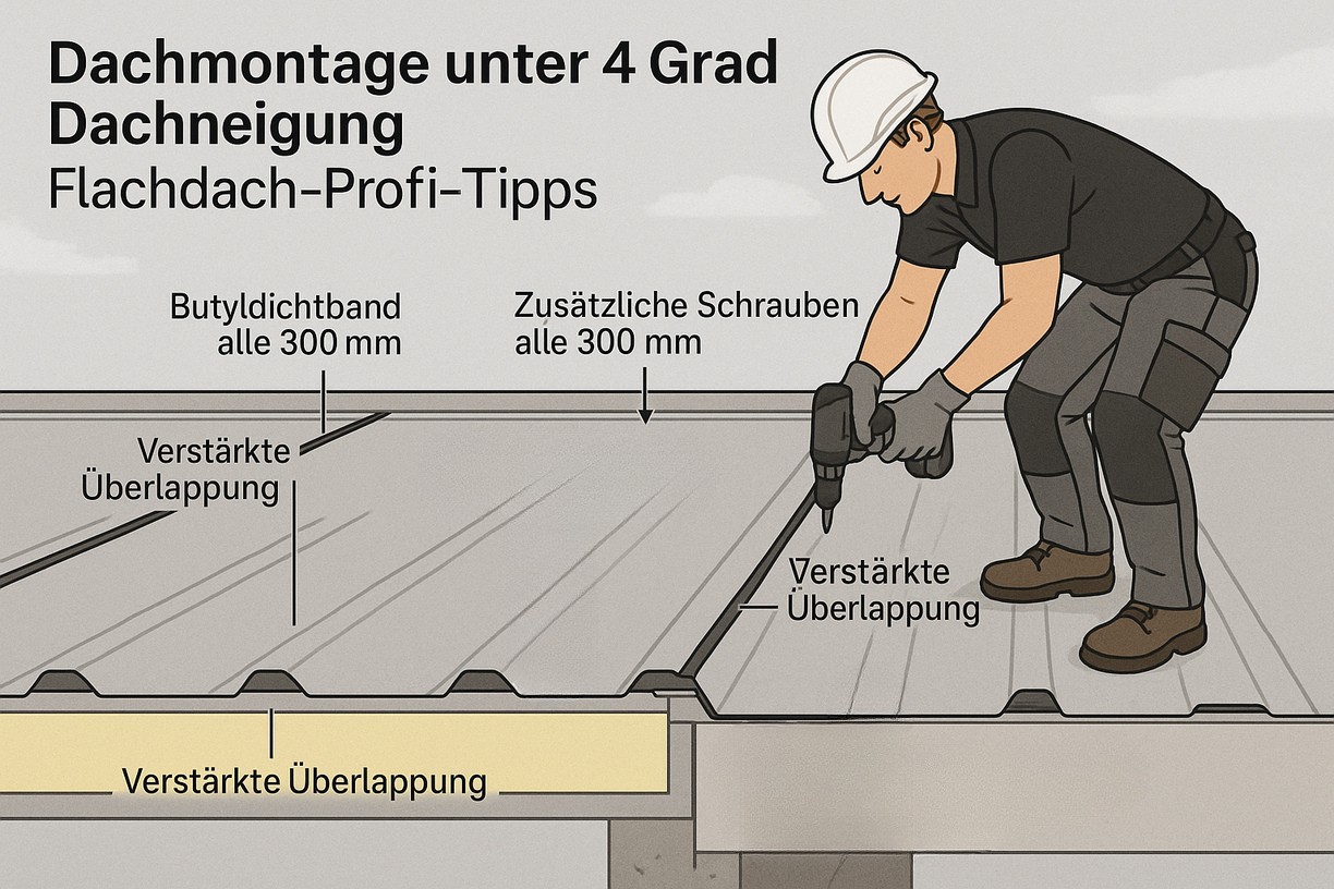 Dachmontage unter 4 Grad Gefälle – das musst du beachten: Flachdach-Profi-Tipps 1 trapezblech montage 4grad deutsch bearbeitet